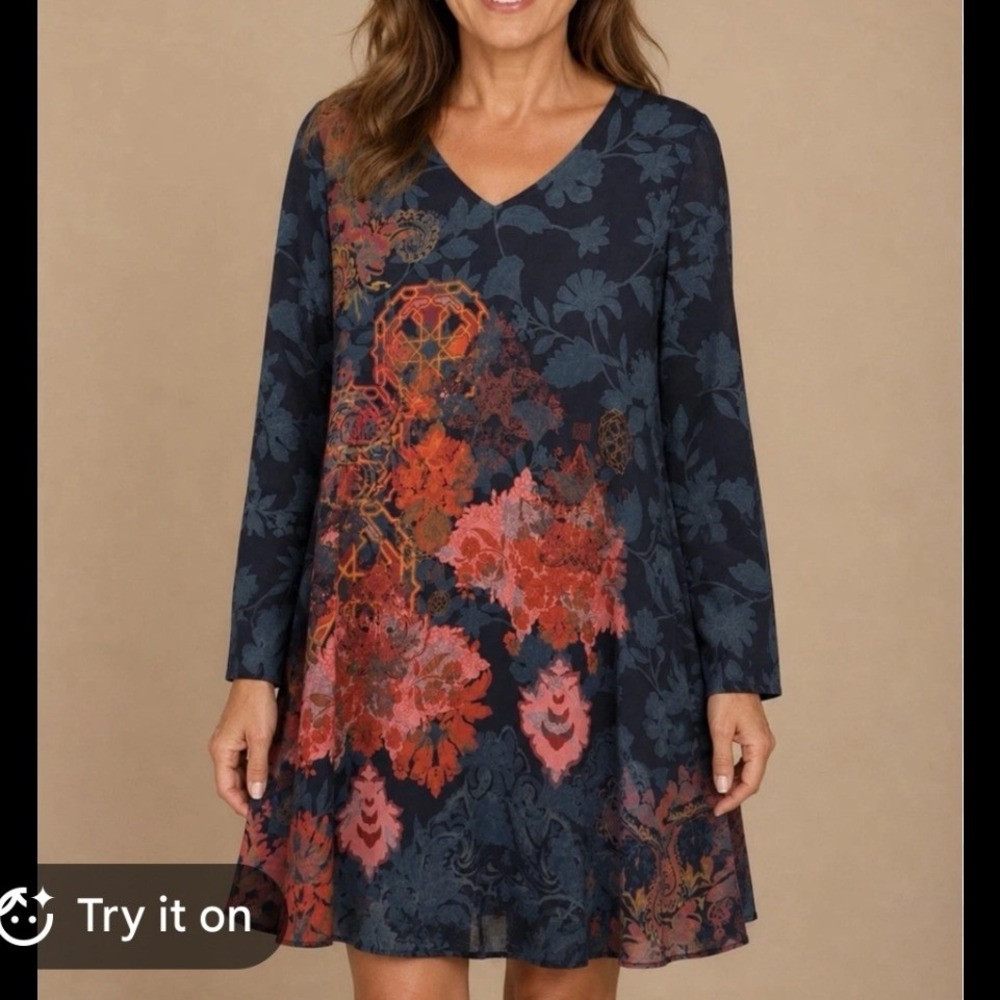 Soft Surroundings Mixed Floral Paisley Tunic Dress Black Women XL Boho Lagenlook
